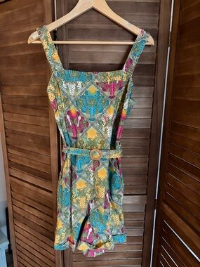 LOFT Cream and Teal Floral Print Romper